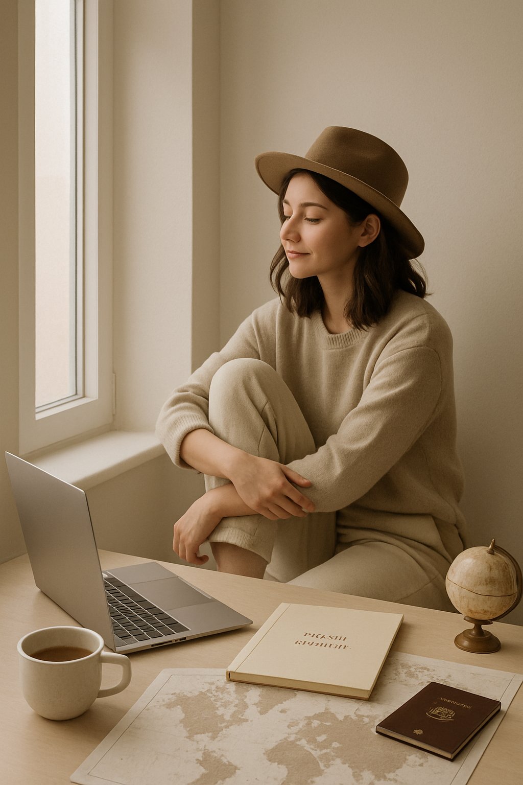 A young woman sitting by a window with natural light, planning her travels with a laptop, travel journal, and travel items on a clean desk.