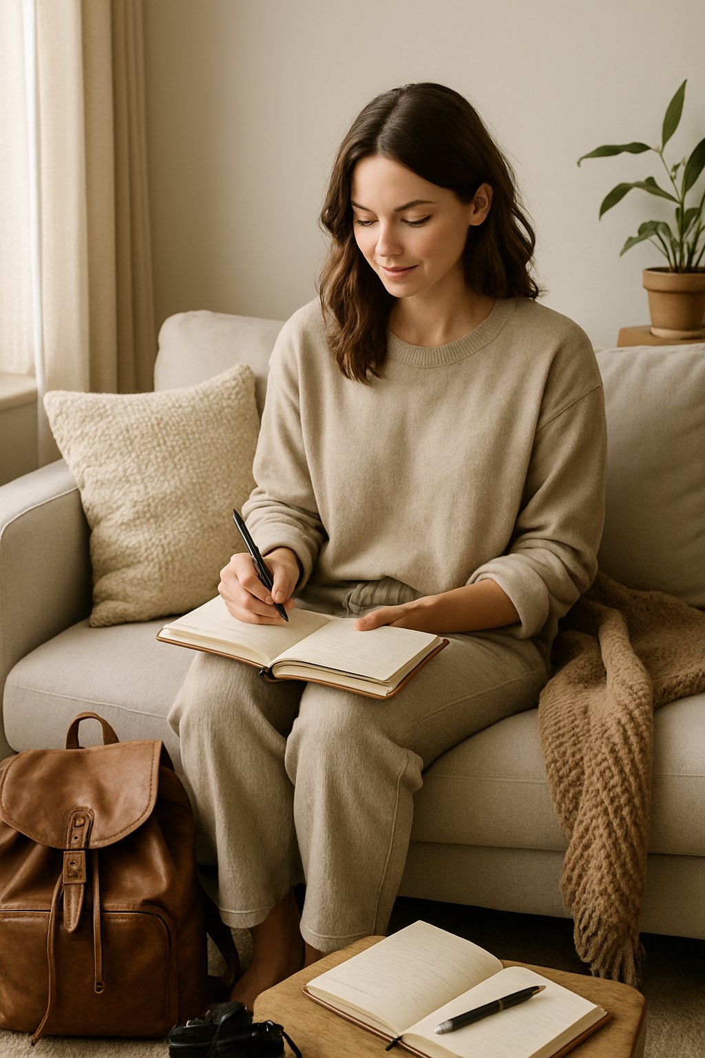 A young woman sitting on a sofa near a window with soft natural light, surrounded by travel items like a backpack, camera, and journal.