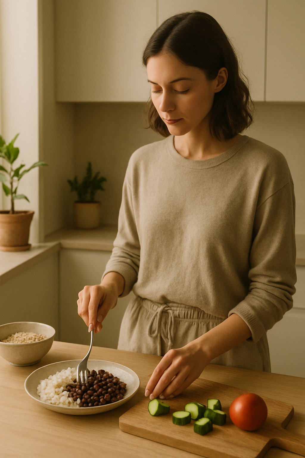A young woman preparing a simple meal in a bright, modern kitchen with natural light coming through a window.