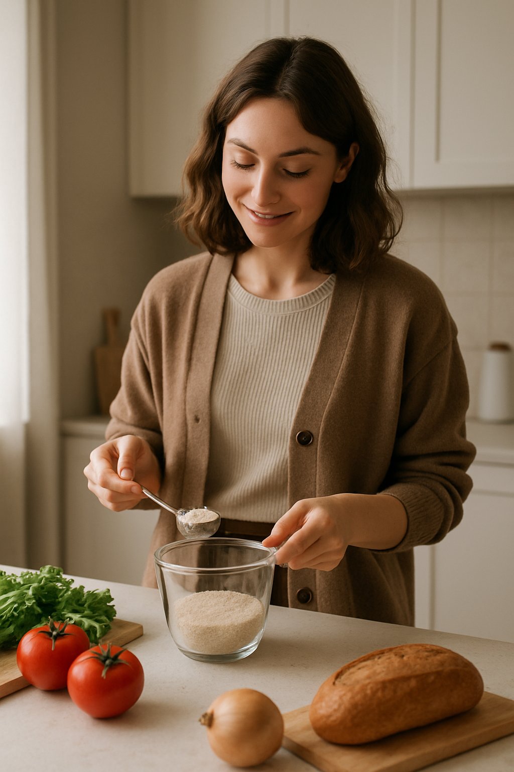 A woman preparing a simple meal in a bright, clean kitchen with natural light coming through a window.