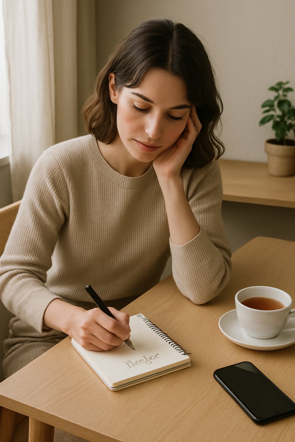 A young woman sitting at a wooden desk by a window, writing in a notebook with a cup of tea nearby in a cozy room.