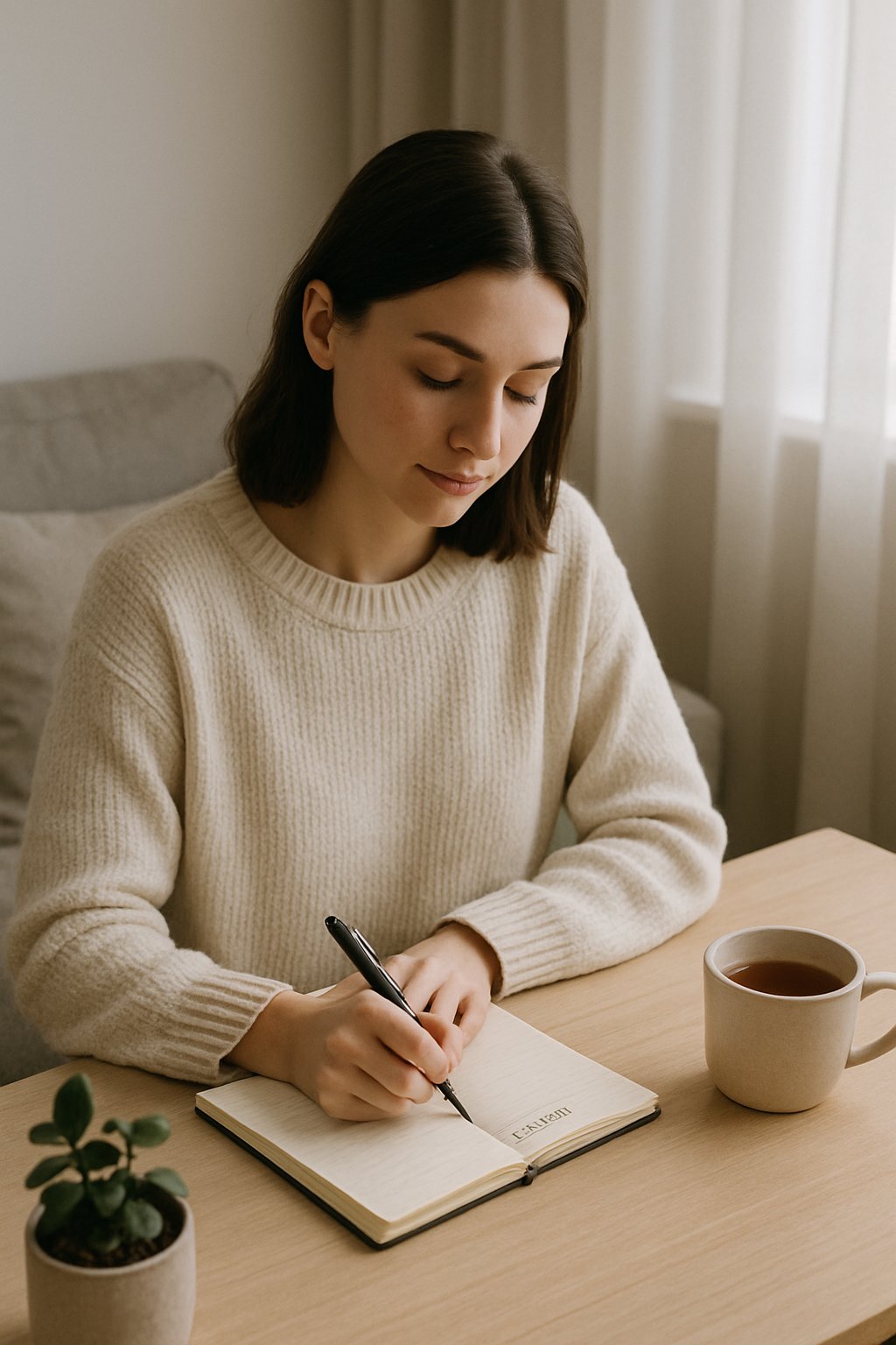 A young woman sitting at a wooden table in a softly lit room, writing in a notebook with a cup of tea and a small plant nearby.