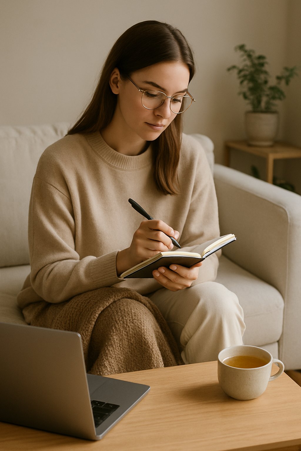 A woman sitting on a sofa in a cozy living room, writing in a notebook with a laptop and cup of tea on the table beside her.