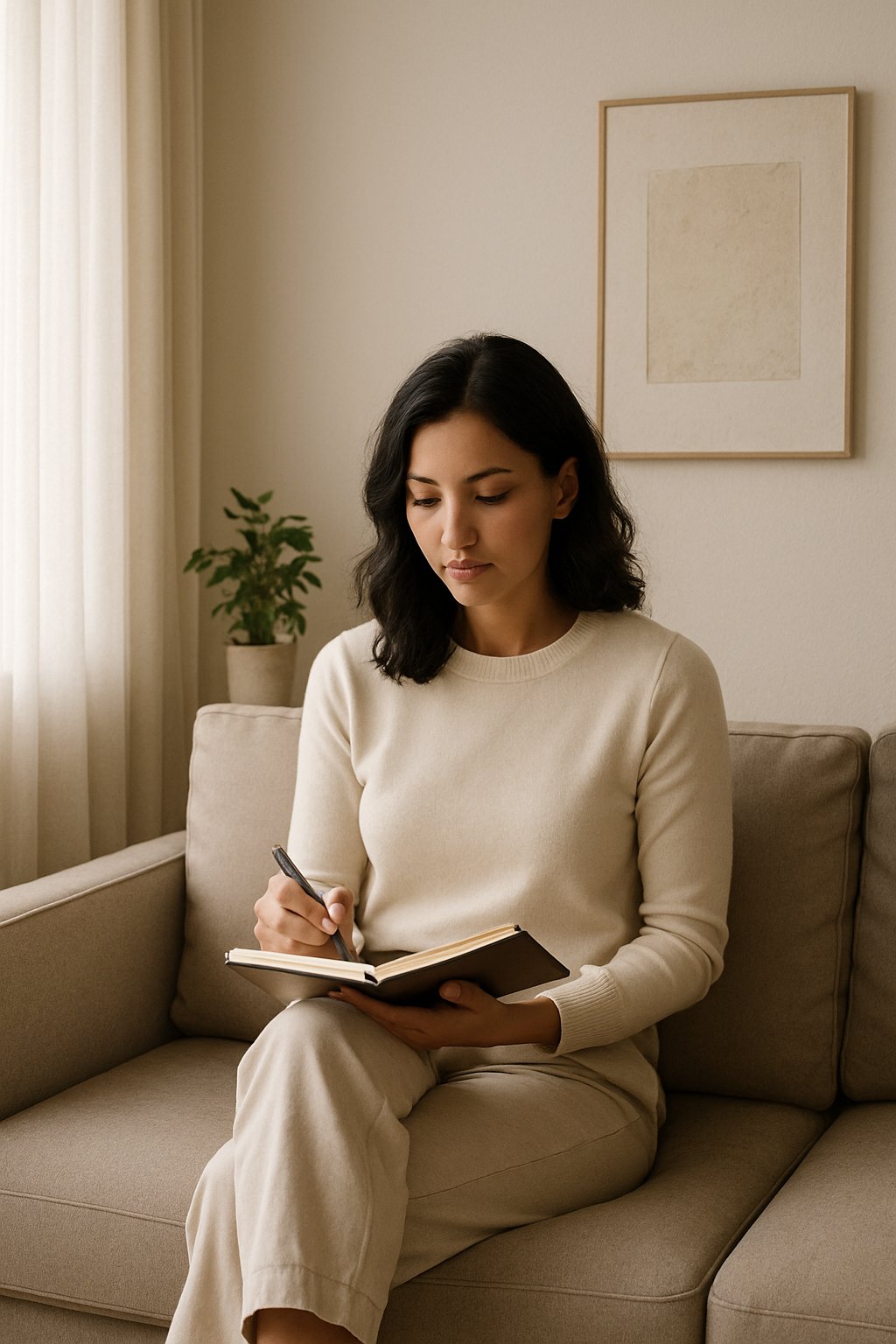 A woman sitting on a sofa in a softly lit living room, writing in a notebook with a calm and thoughtful expression.