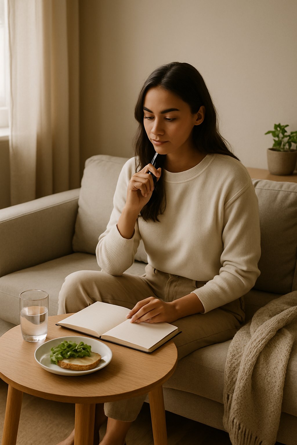 A young woman sits on a cozy sofa in a softly lit room, writing in a notebook with a small meal and a glass of water on a side table nearby.